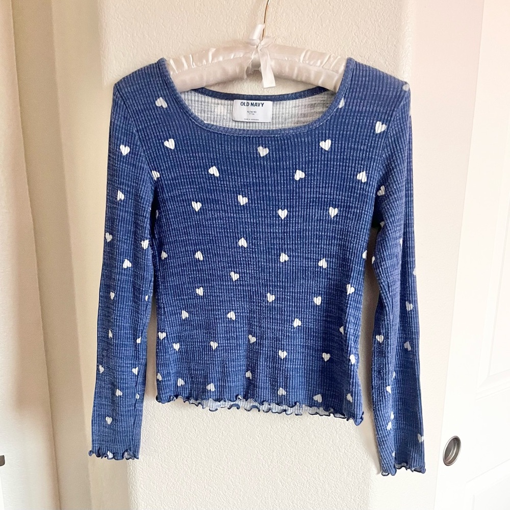 Old Navy Blue Top with White Heart Pattern